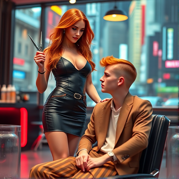 A vivacious long haired ginger-haired barberette in her mid-20s, adorned in a sleek, mini skirt and boob tube. She stands wielding a pair of gleaming, long sharp scissors expertly in her hand. Her expression is one of mischievous assurance, directed at her young male client seated beside her. The 25-year-old boy exhibits a fresh bald that contrasts his previously long locks scattered on the floor, looking up at the barberette with a mix of surprise and sadness for her handiwork. The scene is lively and dynamic, capturing the energy of the stylish salon encounter and the stress of the man as all his hair was just cut off