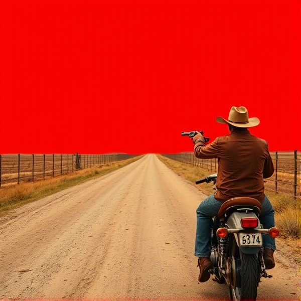 Red background a stereo on a country road with a cowboy shooting