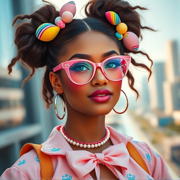 a curvaceous woman with sun-kissed skin radiating exuberance in Decora fashion staples tinted in gentle hues of pink, yellow, and baby blue. Her attire is alive with whimsical motifs complemented by charming kawaii accessories like stuffed toys and oversized bows. Voluminous chestnut locks are tied into spirited space buns embellished with rainbow clips and beads adding to her lively persona. Sparkling blue eyes peek through playful glasses rimmed in sweet shades; her nose adorned with an understated septum ring adds just the right touch of nonconformity. She is the embodiment of joy and innocence which starkly contrasts the mysterious admirer who watches from afar unnoticed.