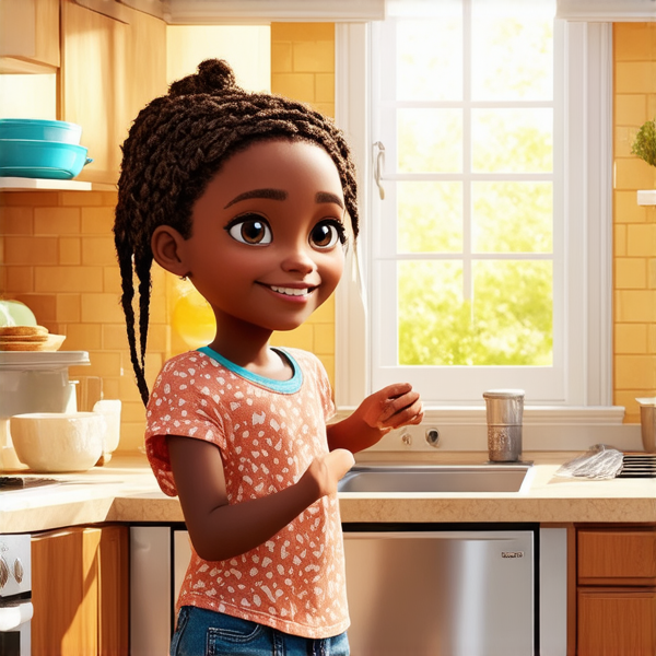 deux adolescents noirs de 14 ans vêtus de vêtements décontractés effectuant avec entrain des tâches ménagères dans une cuisine lumineuse et propre, leur petite sœur noire de 7 ans  tressés  à l'africaine les aidant joyeusement à ranger la vaisselle propre sur les étagères, fenêtre ouverte laissant entrer la lumière du jour