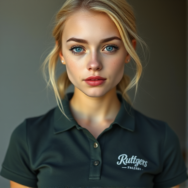 Photorealistic portrait of a youthful 19-year-old woman with light blonde hair naturally styled, bright blue eyes, and a subtle distribution of freckles across her nose. She has a heart-shaped face adorned with thick black lashes, exuding an air of young elegance and simplicity. She is directly facing the viewer, wearing a sophisticated dark green-gray polo shirt with discreet white embroidery that reads "Ruttgers" on the left chest, complemented by a stylish black mini skirt. The overall mood should reflect daytime clarity and freshness without reliance on bright color palettes or make-up enhancement.