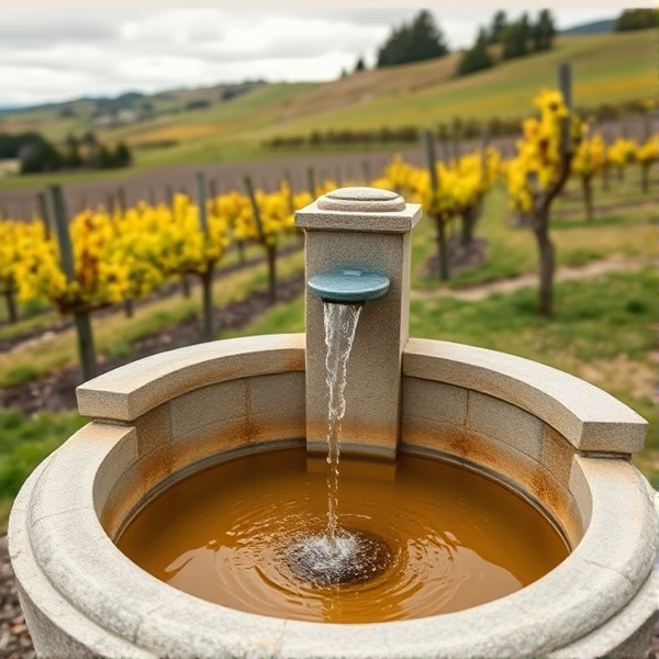 A drinking fountain that disperses wine instead of water. The fountain is made out of limestone and is located in the middle of the rolling hills of North Canterbury, specifically Greystone vineyard. Make the wine yellow coloured and the image from a distance