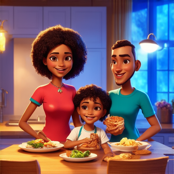 famille afro-américaine rayonnante de joie, posant pour un portrait avec de grands sourires, réunie autour d'une table de salle à manger impeccablement dressée avec divers plats savoureux et colorés, dans une cuisine spacieuse aux touches contemporaines et éclairage chaleureux