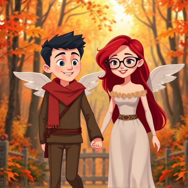 Black haired Caucasian male cartoon angel and red haired Caucasian female cartoon angel wearing glasses, hold hands walking in an Autumn forest