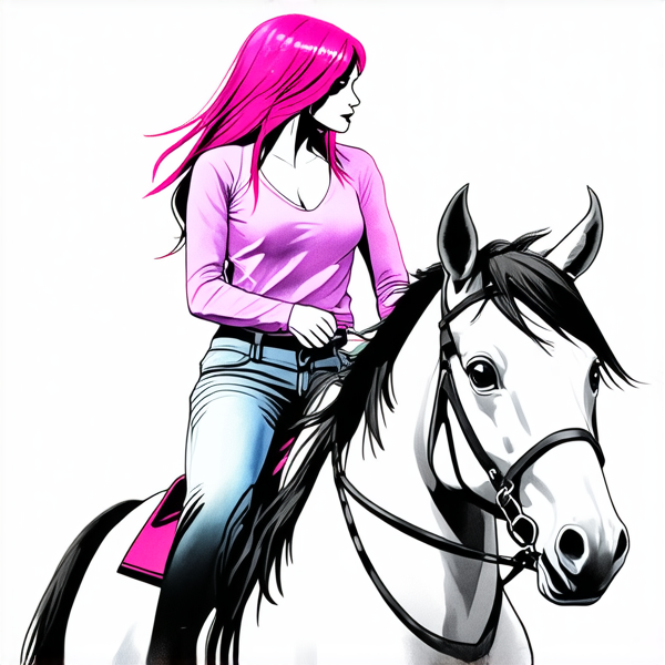 Aquarrelle : De profil, Une femme aux chauveux rose fushia, sur un cheval au galop. elle porte un jean, elle a les chauveux lachés