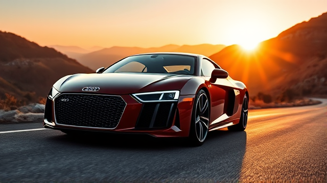 Audi R8 on a scenic mountain road during golden hour, highly detailed, showcasing the sleek design and reflective metallic paint, dynamic angle that emphasizes speed and luxury