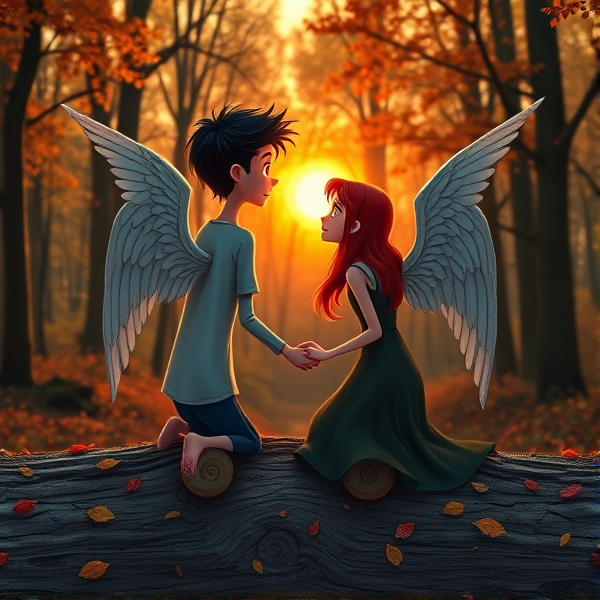 Black haired Caucasian male angel and red haired Caucasian female angel sit on a log together holding hands in an Autumn forest watching the sunrise in the style of Coraline