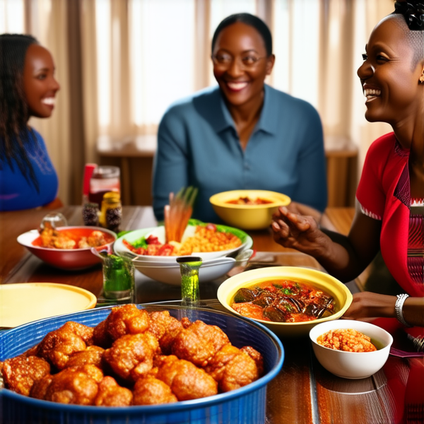 Repas de famille africaine chaleureux et convivial, avec un grand assortiment de plats traditionnels soul food sur une grande table en bois, entourée de membres de la famille riant et partageant des moments ensemble dans une salle à manger bien éclairée et décorée pour l'occasion