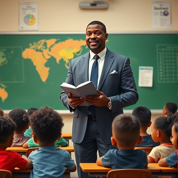 Directeur d'école afro-américain debout tenant un classeur ouvert dans ses mains portant un costume formel, dans une salle de classe avec un tableau vert, s'adressant  à un groupe d'élèves afro-américaines attentives de huit ans assises à leurs pupitres. Ils sont entourés de matériel pédagogique adapté à leur âge, comme des cartes géographiques, des affiches éducatives et des dessins d'enfants accrochés aux murs. La scène dégage une atmosphère chaleureuse et encourageante.