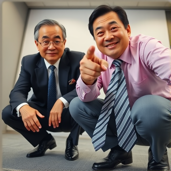 Deux hommes d affaires japonais senior accroupis qui regardent la caméra 
Chemise rose foncée et longue cravate rayée large 
Pointing 
Vue contre-plongée