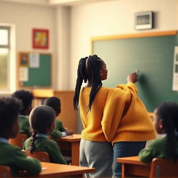Une enseignante noire âgée de quarante ans coiffée de tresses africaines traditionnelles, portant un pull jaune  se tient le dos tourné en train d'y écrire à la craie blanche au tableau dans une salle de classe avec des élèves noires agés de huit ans.