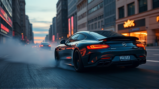mercedes drifting on a deserted city street at twilight, tires screeching, smoke rising from the asphalt, dynamic angle highlighting the car's aggressive design and speed, neon signs reflecting off the glossy paint