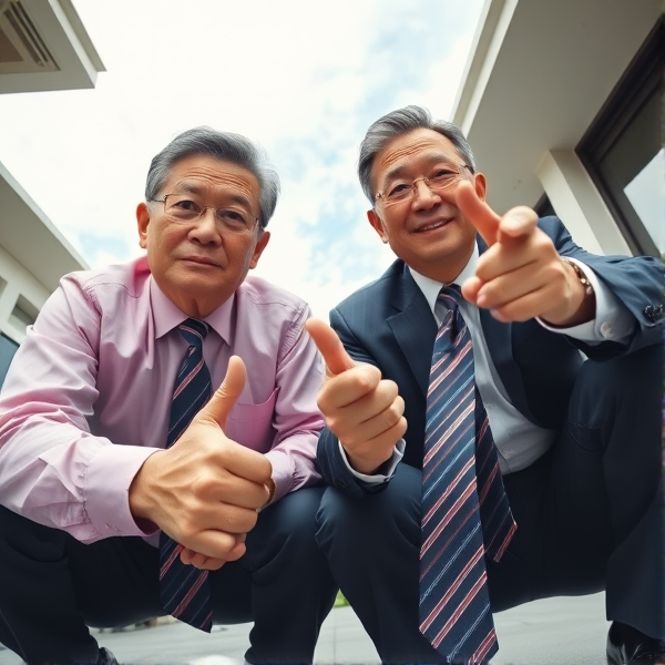 Deux hommes d affaires japonais senior accroupis qui regardent la caméra 
Chemise rose foncée et longue cravate rayée large. Businessmen snaps their fingers 

Vue contre-plongée