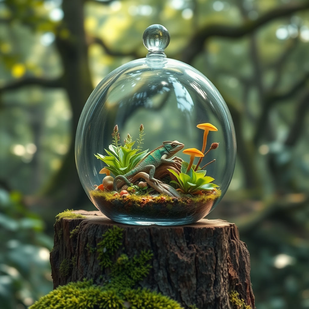 A stunningly realistic, ultra-high resolution image of a delicate glass terrarium filled with a lush assortment of organic miniature plants and fungi. The scene is illuminated by the soft, natural light filtering through an ancient forest canopy in the background, casting intricate shadows. The terrarium sits atop an old moss-covered tree stump. Include a small, unexpected detail: a tiny chameleon with iridescent scales blending into the greenery inside the terrarium, showcasing its incredible camouflage ability.