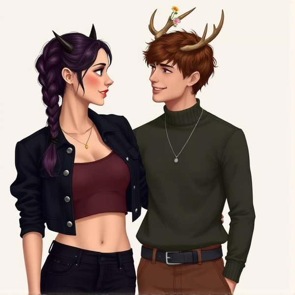 A woman with fair skin and dark dark purple hair braided into a single braid. She has short small black horns that barely poke out past her hair. She has a gold necklace. She wears a cropped black jacket with silver buttons, a brown crop top underneath, and high waist black pants. Next to her is a pale skinned man, slightly taller than her, with short brown very curly hair. He has deer antlers with flowers on then and a deer nose. He has a silver necklace. He wears a green turtleneck and brown pants. They are in love, looking at eachother as they hold one another, smiling and laughin