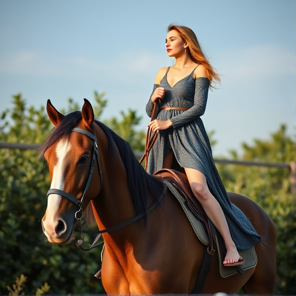 A woman is standing on the back of a horse.