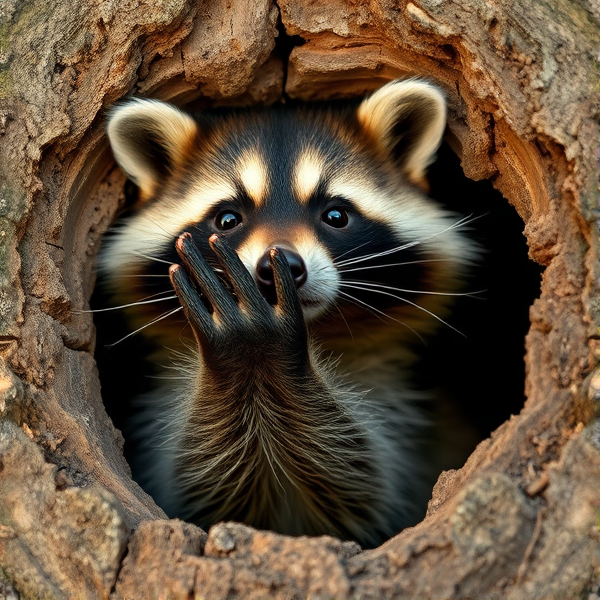 Raccoon hand reaching up through a hole