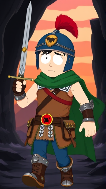 Stan Marsh from South Park, light skin and black hair, but as a 14-Year Old teenager with an extremely muscular torso, dressed as a medieval knighted warrior with a light brown tank top, a black belt with a red buckle adorned with a castle emblem, with a few pouches and the scabbard for his sword attached to it, blue jeans, steel armored boots, jeweled wrist cuffs, a big green cape, and a blue helmet with one silhouetted buffalo head emblem on both sides, outlined by silver steel rims lined around and across the top, with a long red feather sticking out at the top, now known as Sir Marsh. Despite still being a teenage kid, he is the Youngest Commander of the Zaronian Army, and one of the youngest and greatest heroes hailing from South Park, Colorado, but now reborn as the real life Kingdom of Kupa Keep, Zaron. His weapon is the legendary enchanted sword called the Slashing Blade Of The Ranger, which he swings with pride as he slashes his enemies down to size. The young teenage warrior knight is currently walking through a dark cavern, on a quest to find a mysterious enchanted artifact.