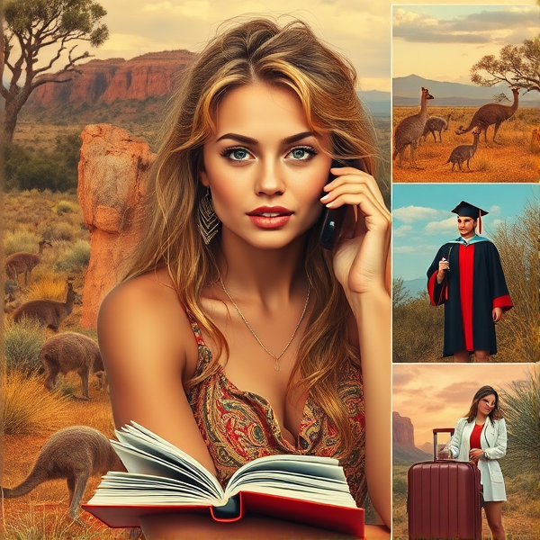 A woman, with the golden sun-kissed skin and tousled hair of an Australian outback native, sits surrounded by the rugged beauty of her small town's wilderness. Her curious eyes reflect a childhood spent amongst kangaroos and emus, learning nature's secrets. Transitioning from the wild landscapes to the halls of academia, she is depicted as a dedicated student, burning the midnight oil with textbooks sprawled around her. Now a proud graduate in medical regalia, she holds her cardiology degree aloft with a look of triumph and determination. In the final scene, we see her answering an important phone call, suitcase at her side, ready to embark on a plane to America upon her brother Sam Crow's request