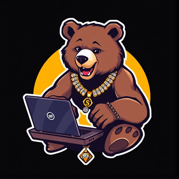 Conception d'un logo avec un ours stylisé en train de produire de la musique sur un ordinateur portable, portant une chaîne en or incrustée de diamants et plusieurs bijoux tels que bagues, bracelets et un pendentif.