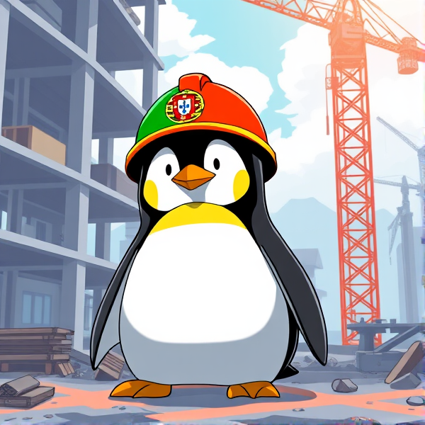 Pingouin dans un chantier avec le drapeau Portugais sur le casque