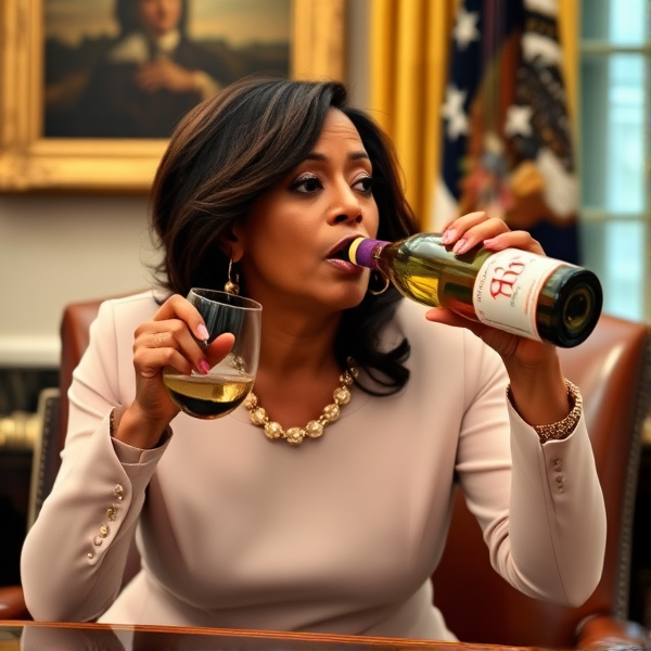 Kamala Harris drinking from a bottle of "Joy" Pinot grigio in the oval office.