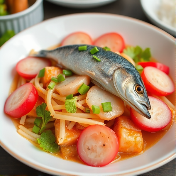 Un plat traditionnel composé de radis et de poissons