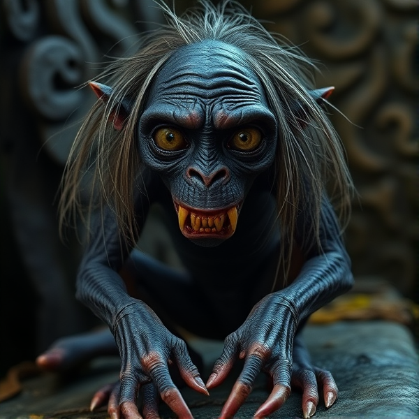 Make a photo of gollum from lord of the rings. He is a small, skinny, shriveled creature with black skin, six sharp teeth, only a few strands of long gray hair, and two large, luminous eyes. He has cold clammy hands and webbed feet.