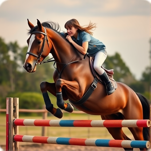 teenage girl jumping horse over jump