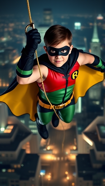 Movie Scene: A medium, preteen 12-year old boy with light skin and dark brown hair named Connor Bardley, but dressed as Robin, The Boy Wonder, with an extremely muscular body, a sleek green suit with a red torso with a black circle with a yellow R symbol on his left pectoral, a gold utility belt, black boots, black long-cuffed gloves, a big, heel-length, ultra-wide collared cape that's black on the outside and yellow on the inside, and a black eye mask, swinging from the rope of his grappling hook over the city at night, ready to fight crime and save the day.