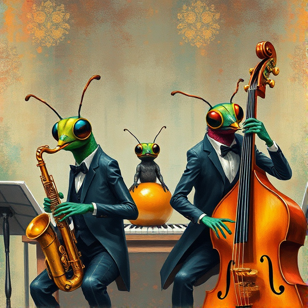 Affiche d'art représentant des insectes musiciens habillés en tenue de concert, jouant divers instruments  saxophone, trompette, contrebasse dans un orchestre de jazz sophistiqué, style anthropomorphe, avec une riche palette de couleurs et des détails fins à la manière des œuvres de Colette de B, le tout composé dans une esthétique giclée dynamique