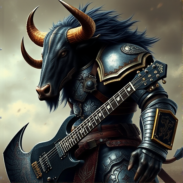 Créer une image détaillée d'un minotaure imposant en armure de guerrier, avec un corps et une tête de taureau. une guitare hache Gene Simmons