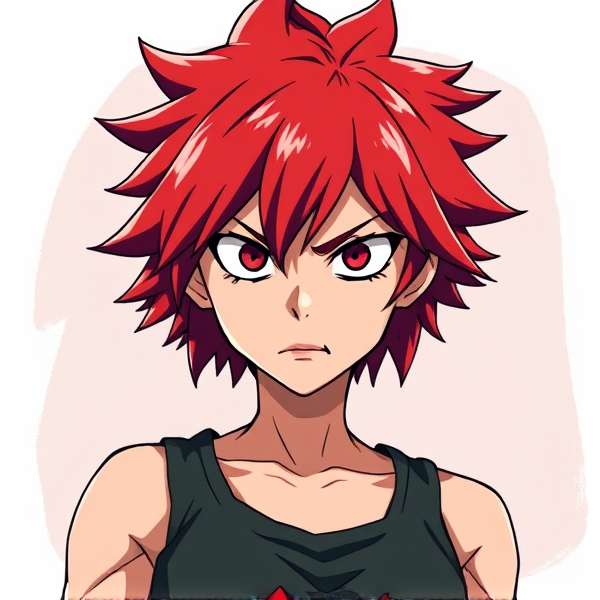 Create an original character from the "My Hero Academia" universe: a female with fiery red, short hair that spikes at the tips. Her eyes are deep black, reminiscent of obsidian, and she has a unique magic quirk that sets her apart. She's clad in a sleeveless vest top that allows for agile movements, suitable for her combat style. This character exudes an aura of hate, her facial expressions perpetually twisted in anger and thirst for vengeance as if she's been wronged deeply in her past. The intensity of her emotions is palpable, giving the impression that she's ready to unleash her fury at a moment's notice