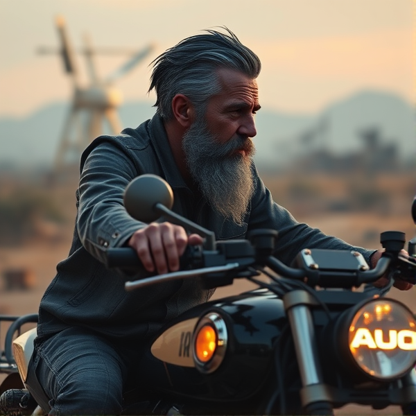 And older men with dark grey slick hair and beard riding a motorbike through a post apocalyptic world. The letters "AUO" glowing on the side of the fuel tank of his bike.