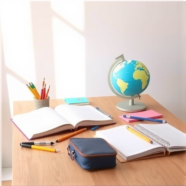 table en bois éclairée par la lumière naturelle de la fenêtre, couverte de fournitures scolaires comme des cahiers ouverts, des stylos, des crayons, une trousse et un globe terrestre  .
