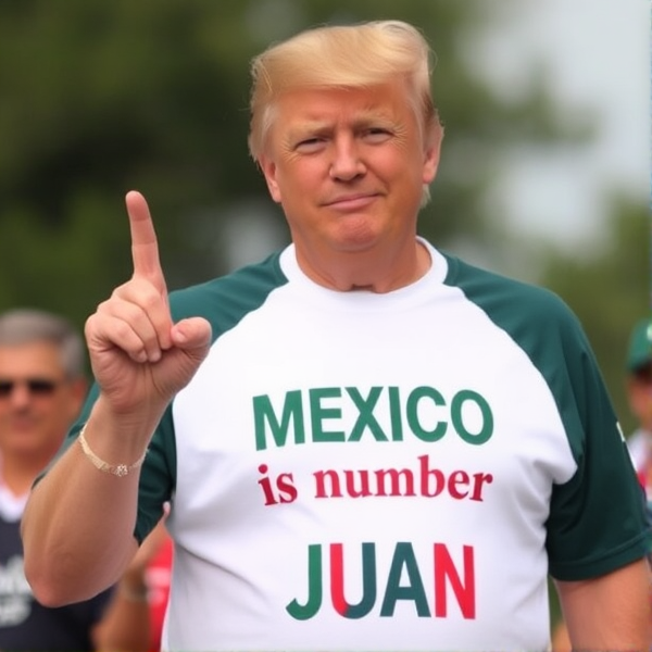 Donald Trump wearing a shirt that says "Mexico is number Juan" He is holding up 1 finger. He looks very happy.