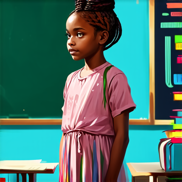 A 8 year-old African girl with intricate braided hair, standing confidently in a vibrant classroom environment, holding notebooks in her hands while facing a chalkboard filled with educational content
