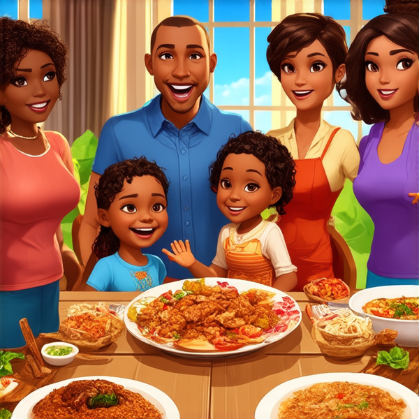 Repas de famille afro-américaine chaleureux et convivial, avec un grand assortiment de plats traditionnels soul food sur une grande table en bois, entourée de membres de la famille riant et partageant des moments ensemble dans une salle à manger bien éclairée et décorée pour l'occasion