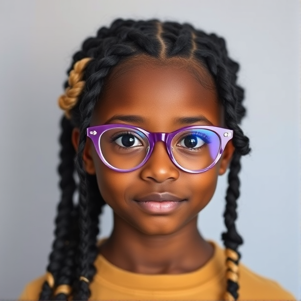 Generate a photo that has a 5th grade girl with medium brown skin and lavender cat eye glasses. Her hair is in box braids and are mostly black but some of the braids are blonde and scattered.