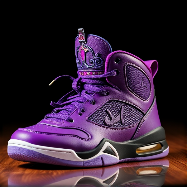 Bat girl theme basketball sneakers with a purple crown on them and a sniper