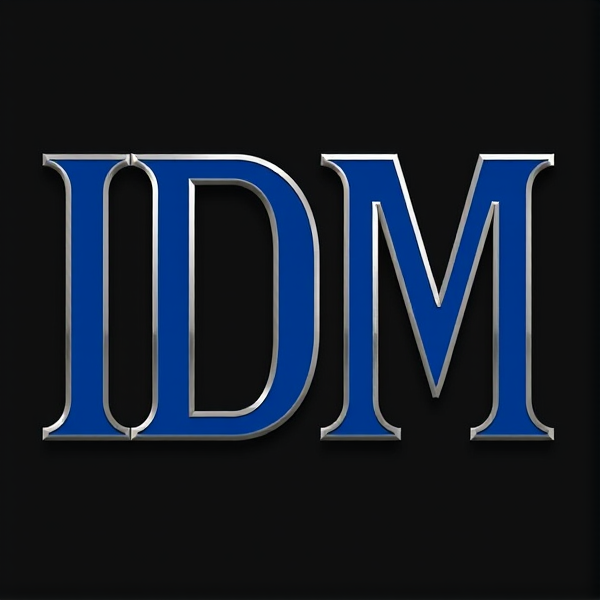 The Letters IDM In Dallas cowboy blue. The font is copperplate gothic bold. Have the be a line same color as the background going through the mid bottom of the I all the way through the top left part of the m. Have the background be dark grey. Have a platinum outline of each letter and make sure they aren’t touching each other