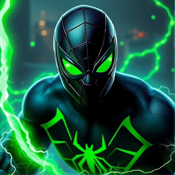 Créer une image d'un spiderman noir et vert avec des yeux vert qui contrôle l'électricité vert