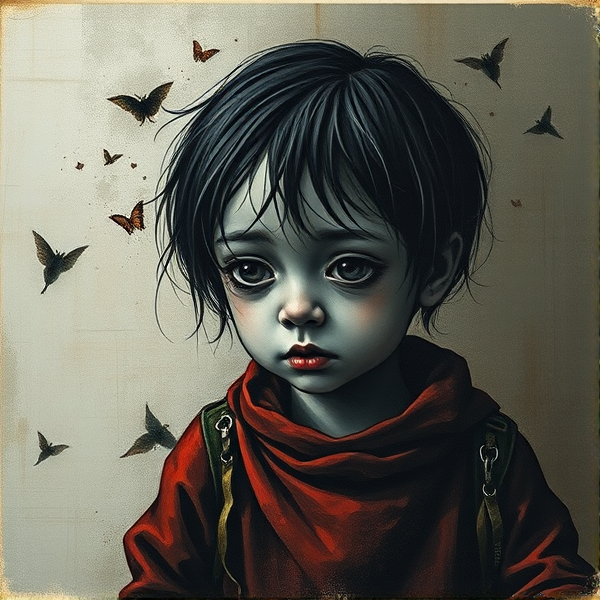 Sad album cover, with little kid sad , strange and abstract