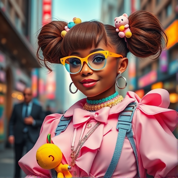 A radiant woman with a curvaceous figure and sun-kissed skin exudes vibrancy, dressed in the playful and eclectic Decora fashion style, adorned with pastel shades of pink, yellow, and light blue. Her outfit bursts with whimsy, featuring an array of cute motifs and adorned with a variety of kawaii accessories including plush toys and large, eye-catching bows. Her voluminous chestnut hair is styled into energetic space buns that are decorated with colorful rainbow clips and shiny beads that enhance her bubbly charm. Bright blue eyes glimmer from behind quirky glasses framed in soft pastel colors; a subtle septum ring adds an edge of individuality to her look. This joyous and innocent figure contrasts sharply against the backdrop where a mysterious onlooker quietly observes her from a distance, unnoticed.