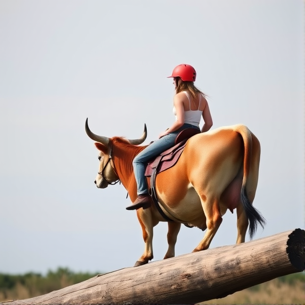 teenage girl riding a cow over a log with a helmet on and saddle