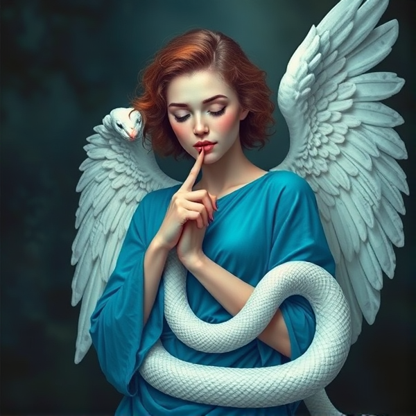 Un ange féminin qui a les main devant la bouche qui a les cheveux courts et brin elle a un serpent blanc et une tenue bleu