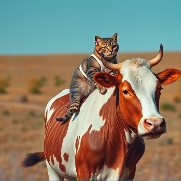 a cat riding a cow