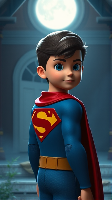 1990's Movie Scene: Jon Kent, AKA Superboy, the young little 12-year old super son of Superman, and the first kid to be born as the world's first Half-Kryptonian child, with an extremely muscular body, the iconic costume, the singular curled bang sticking out at the front of his flat and smooth hair, and a long cape, standing in an abandoned house at night, looking for clues to the mystery he is trying to solve.