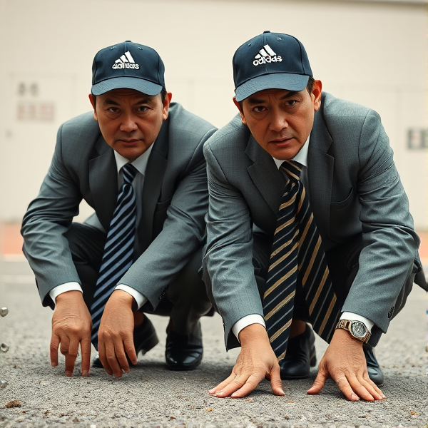 2 businessman japonais accroupis  avec casquette adidas et longue cravates rayées jusqu’au sol , regard faché, complice
