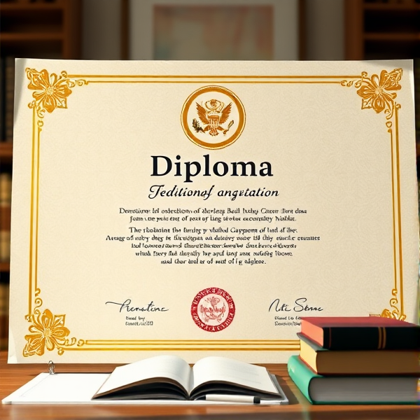 Prompt: Diplôme avec des bordures dorées sophistiquées, un sceau officiel en relief, une typographie classique et claire sur un fond en parchemin texturé, le tout présenté dans un cadre académique avec des livres et des symboles éducatifs posé sur table dans un cadre